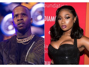 Tory Lanez performs at the HOT 97 Summer Jam 2019 in East Rutherford, New Jersey on June 2, 2019 (left) while Megan Thee Stallion attends the 5th Annual Diamond Ball Charity Gala in New York City on September 12, 2019.