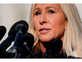 Rep. Marjorie Taylor Greene, R-Ga., speaks during a news conference on the Epstein File Transparency Act, Tuesday, Nov. 18, 2025, outside the U.S. Capitol in Washington.