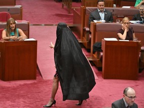 One Nation leader Pauline Hanson wears a burqa in the Senate chamber at Parliament House in Canberra, Monday, November 24, 2025.