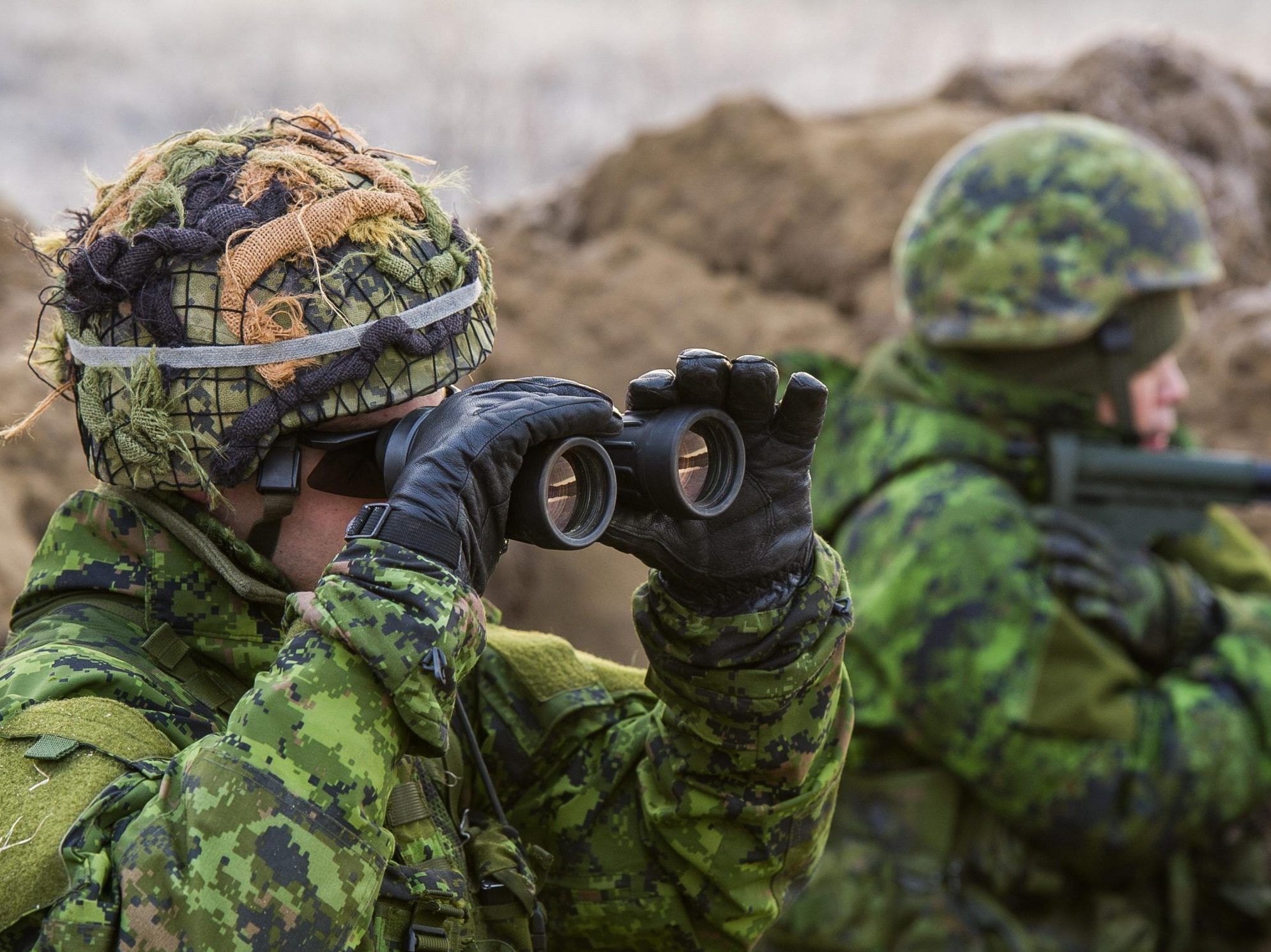 Canadian soldiers observe trenches from a defensive position during the sixth collective training session at CFB Shiloh in Manitoba, March 19, 2016. The Department of National Defense is seeking to increase the size of the Canadian Supplementary Reserve with government employees.