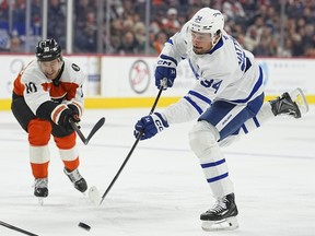 Maple Leafs centre Auston Matthews scores a goal against the Flyers in the first period at Xfinity Mobile Arena in Philadelphia, Saturday, Nov. 1, 2025.