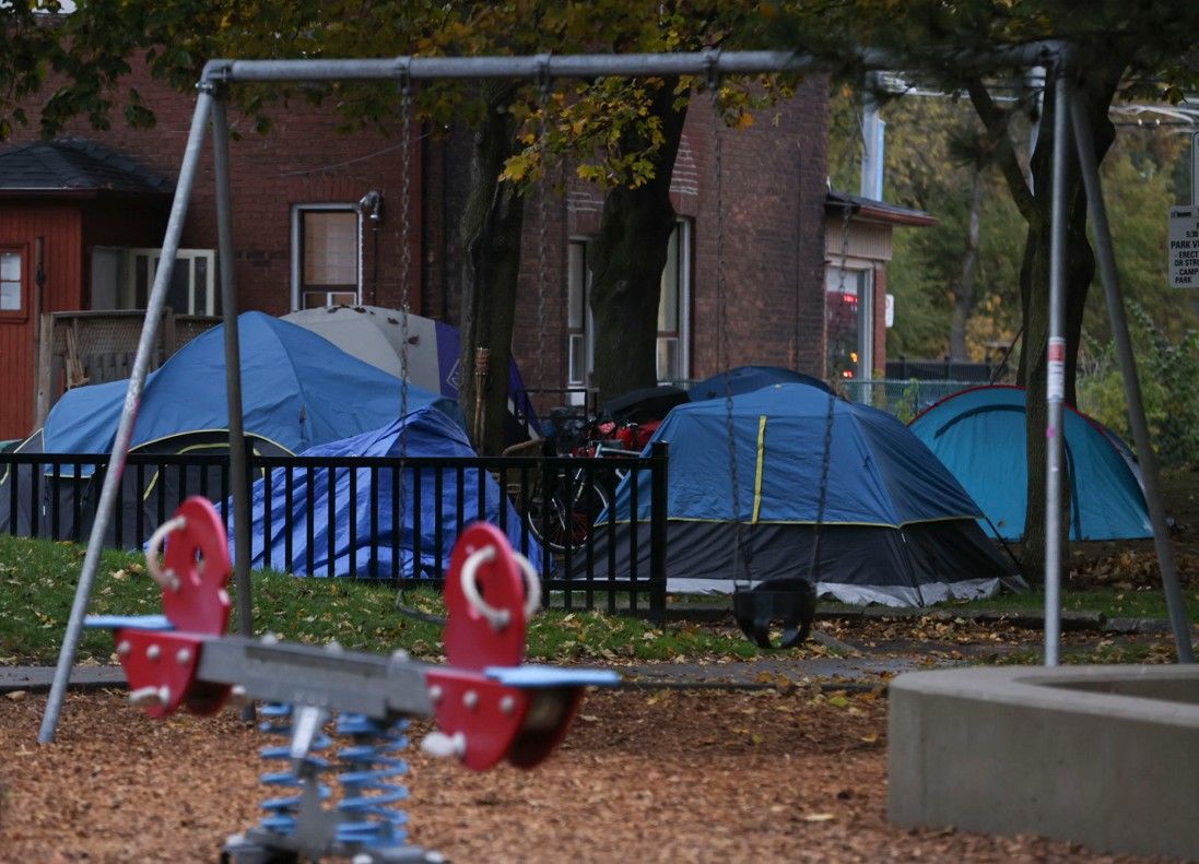 Beaches-East York City Councilman Brad Bradford will next week announce to City Council a proposal that would require campgrounds to not be located within 200 meters of a playground, school or daycare center, including the small encampment in the center of Stanley G. Grizzle Park seen here on Friday, November 7, 2025.