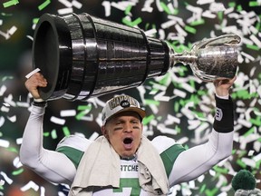 Saskatchewan Roughriders defenseman Trevor Harris (7) celebrates after defeating the Montreal Alouettes in the 112th CFL Gray Cup in Winnipeg on Sunday, November 16, 2025.