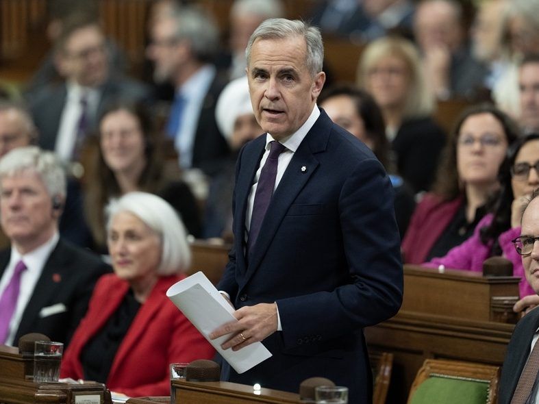 Prime Minister Mark Carney rises during Question Period, on Parliament Hill in Ottawa, Monday, Nov. 17, 2025. 