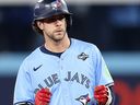 Blue Jays baserunner Ernie Clement reacts after hitting a double against the Dodgers during the seventh inning of Game 6 of the 2025 World Series at Rogers Center in Toronto, Friday, Oct. 31, 2025.