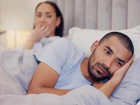 Frustrated couple, bed and divorce in argument, disagreement or breakup from fight or conflict at home. Man and woman ignore in cheating affair, toxic relationship or mistake for drama in bedroom