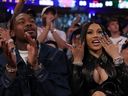 NFL Player Stefon Diggs and rapper Cardi B celebrate in the fourth quarter of Game Four of the Eastern Conference Second Round NBA Playoffs between the Boston Celtics and the New York Knicks at Madison Square Garden on May 12, 2025 in New York City.