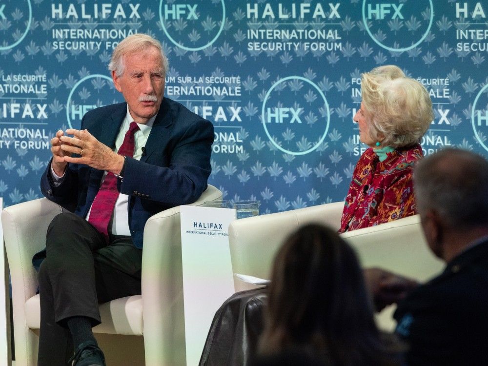 U.S. Senator Angus King, of Maine, and moderator former congresswoman Jane Harman take part in the Halifax International Security Forum, Saturday, November 22, 2025.