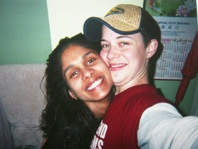 This photograph of Nicola Puddicombe (left) and Ashley Pechaluk (right) was introduced as evidence during the trial on 14 April 2009.