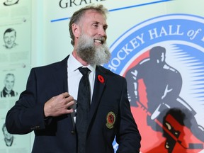 Joe Thornton attends a media opportunity in the Great Hall at the Hockey Hall of Fame and Museum in Toronto, Saturday, Nov. 8, 2025.
