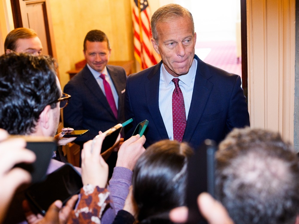  U.S. Senate Majority Leader John Thune (R-SD) speaks to members of the press as he heads to his office in the Capitol Building in Washington, D.C., Saturday, Nov. 8, 2025.