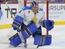 Scepter goalie Ragan Kirk stands in goal during the third period of a PWHL game against the Frost in St. Paul, Minnesota, January 28, 2025.
