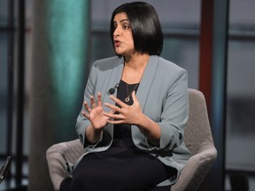 British Home Secretary Shabana Mahmood gives an interview on BBC political television show