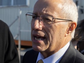 Vic Fedeli, Ontario's Minister of Economic Development, Job Creation and Trade, speaks to the media ahead of the groundbreaking for a new $3.2 billion artificial graphite plant in St. Thomas, Ontario. November 20, 2025