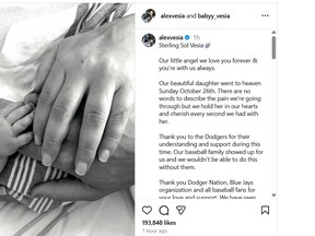An Instagram post announcing the passing of Alex Vesia's baby daughter.