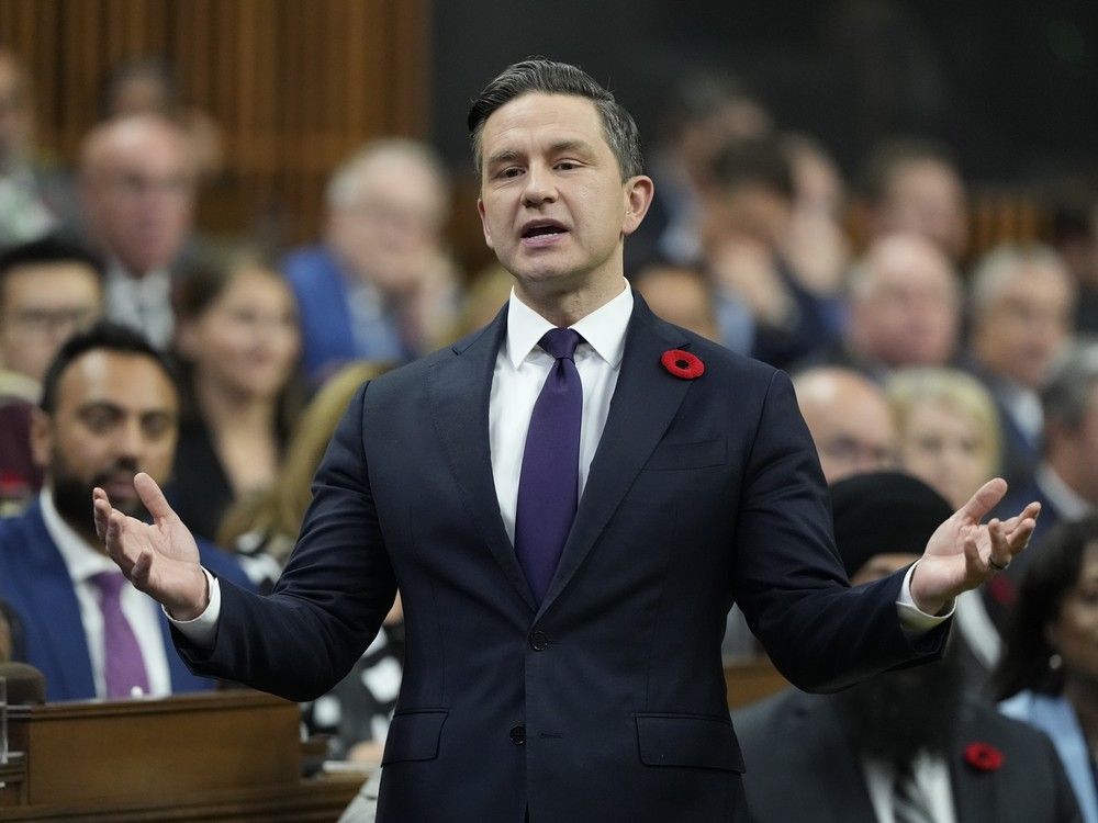 Conservative Leader Pierre Poilievre rises during Question Period on Parliament Hill in Ottawa, Wednesday, Nov. 5, 2025.