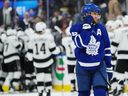 Toronto Maple Leafs player William Nylander (88) reacts as the Los Angeles Kings celebrate their overtime victory in an NHL hockey game in Toronto on Thursday, November 13, 2025.