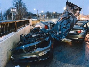 A forensic exhibit shows the damage to a BMW M4 driven by Kumaran Sankarkumar, 30, after it crashed into a barrier on March 6, 2022.