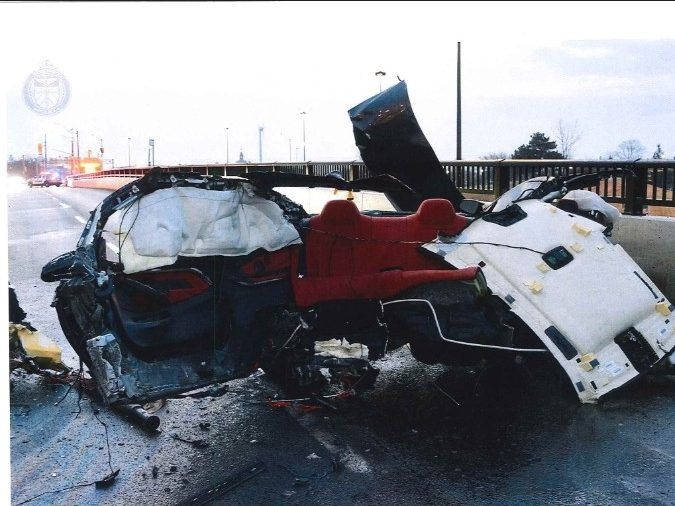 A 19-year-old woman died when this BMW M4, driven by Kumaran Sankarkumar, 30, crashed in the Lake Shore Blvd.-Jameson Ave. area on March 6, 2022. Sankarkumar has pleaded guilty to impaired driving causing death. He will be sentenced at a later date.
(Court Exhibit)