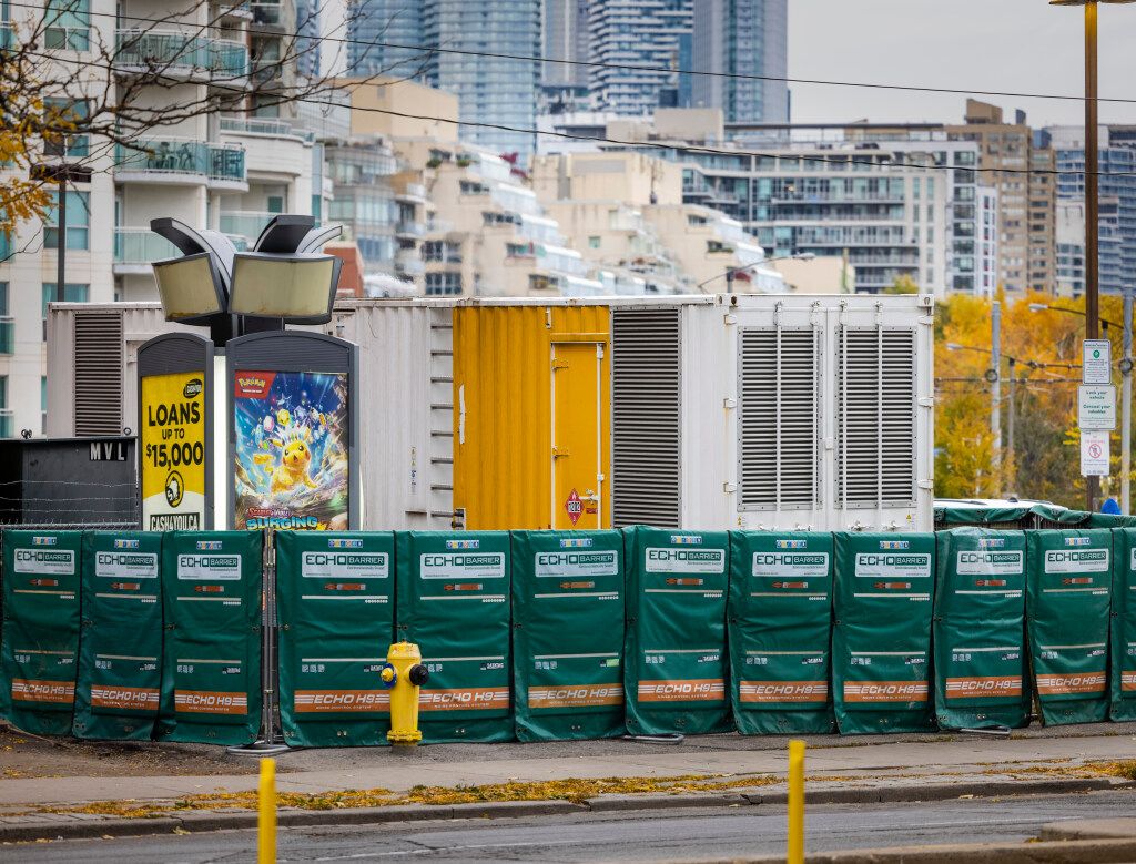 A power generator hums outside the temporary shelter on Bathurst Street, between Lake Shore Boulevard. and Queens Quay W., on Wednesday, November 5, 2025.