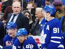 Maple Leafs head coach Craig Berube watches Bobby McMann (74), William Nylander (88) and John Tavares (91) from the bench during the second period against the St. Louis Blues in Toronto on Tuesday, November 18, 2025.