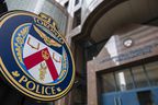 The Toronto Police Service logo is seen during a press conference outside TPS headquarters at 40 College St., where police board meetings are held.