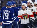 Florida Panthers winger Brad Marchand shakes hands with members of the Toronto Maple Leafs after Game 7 of their second-round playoff series.
