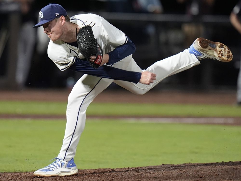 Tampa Bay Rays reliever Pete Fairbanks throws a pitch against the Cleveland Guardians.
