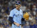 Shane Bieber of the Toronto Blue Jays reacts during the World Series against the Los Angeles Dodgers.