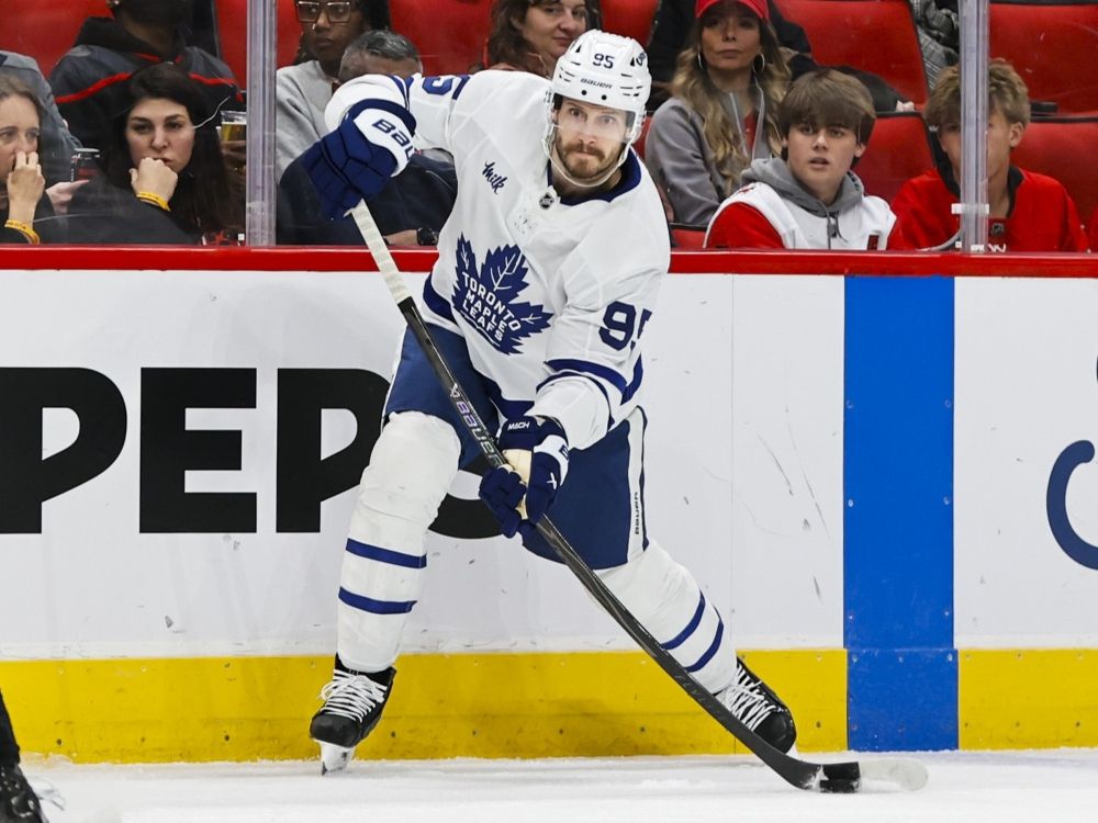 Oliver Ekman-Larsson of the Toronto Maple Leafs skates with the puck during a game against the Carolina Hurricanes.
