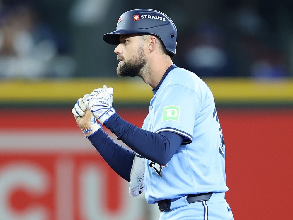Nathan Lukes of the Toronto Blue Jays reacts after hitting a double against the Seattle Mariners during the American League Championship Series.