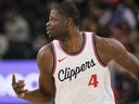 Los Angeles Clippers centre Mo Bamba reacts after a three-point basket during the first half of an NBA game against the Washington Wizards on Jan. 23, 2025, in Inglewood, Calif. Bamba is now a member of the Toronto Raptors.