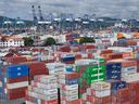 Ship containers are stacked at the Panama Canal Port of Balboa, operated by Panama Ports Company, in Panama City, September 20, 2025.