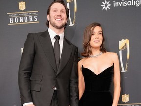Josh Allen, of the Buffalo Bills, and Hailee Steinfeld pose on the red carpet at the NFL Honors award show ahead of Super Bowl 59 in New Orleans, Feb. 6, 2025.