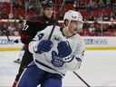 Bobby McMann #74 of the Toronto Maple Leafs scores a goal during the third period of a game against the Carolina Hurricanes at the Lenovo Center in Raleigh, North Carolina.