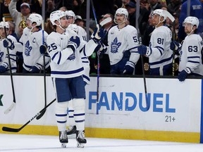 Brandon Carlo of the Toronto Maple Leafs is acknowledged by fans during the first period against the Boston Bruins at TD Garden on Nov. 11, 2025 in Boston.