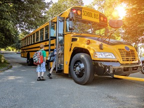 A young boy getting onto a school bus in sunshine