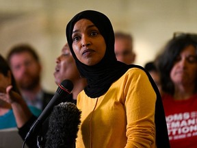 U.S. Rep. Ilhan Omar (D-MN) (C) speaks during a press conference at City Hall following a mass shooting at Annunciation Catholic School on August 28, 2025 in Minneapolis, Minnesota.