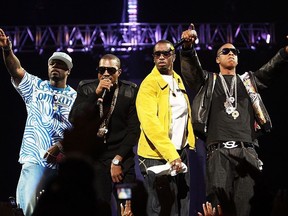 Rappers 50 Cent, Kanye West, P. Diddy and Jay-Z perform on stage during Screamfest '07 at Madison Square Garden on August 22, 2007 in New York City.