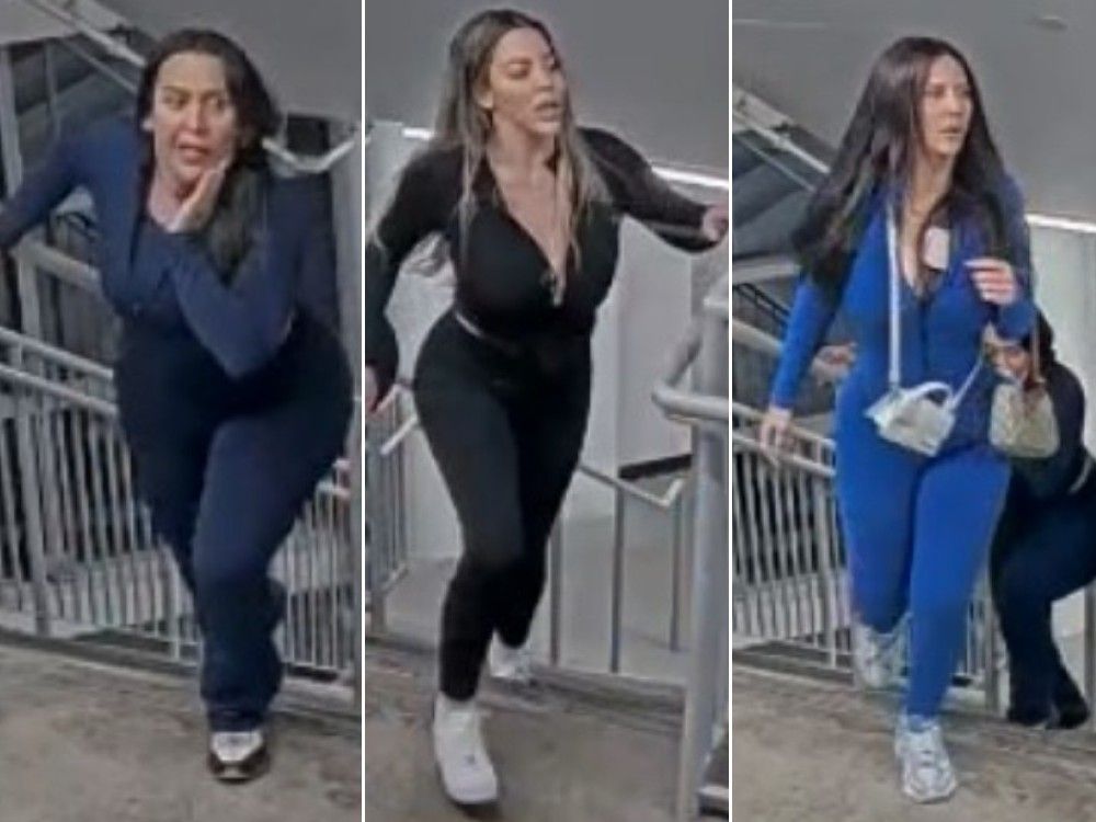 Celine Zeynalvand, left, of Laval, Que., is wanted for robbery after a cellphone was stolen in Toronto's Financial District back in October. Investigators are seeking the identities of the two other women who police allege are also involved in the robbery.