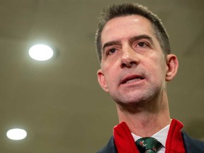 Sen. Tom Cotton, R-Ark., speaks to reporters following a classified briefing for top congressional lawmakers overseeing national security as they investigate how Defense Secretary Pete Hegseth handled a military strike on a suspected drug smuggling boat and its crew in the Caribbean near Venezuela Sept. 2, at the Capitol in Washington, Thursday, Dec. 4, 2025.