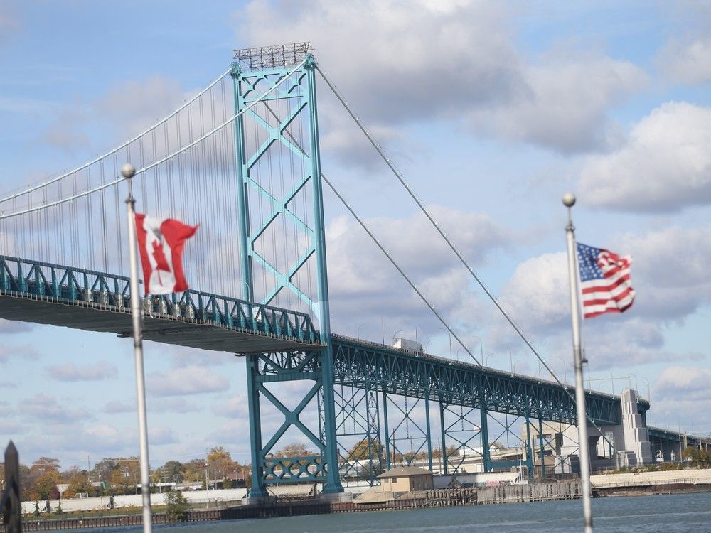 The Ambassador Bridge is shown from Windsor's riverfront on Friday, Oct. 31, 2025.