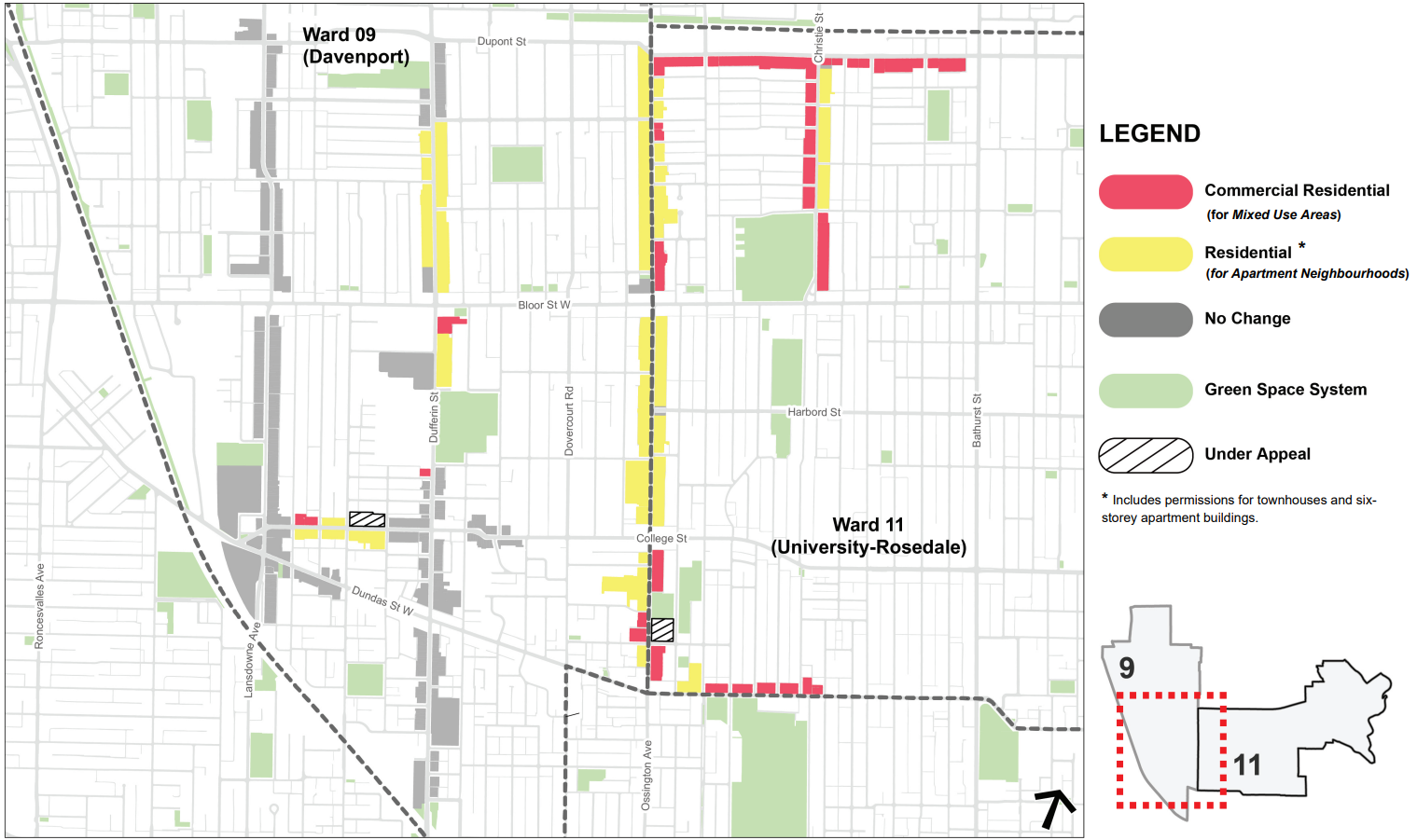  Major streets in Toronto wards 9 and 11, dubbed “avenues” by city hall, have been rezoned to encourage mid-rise development. This move initially included school lands, including Ossington-Old Orchard Junior Public School, seen as a large yellow parcel on the west side of Ossington Ave. south of College St.