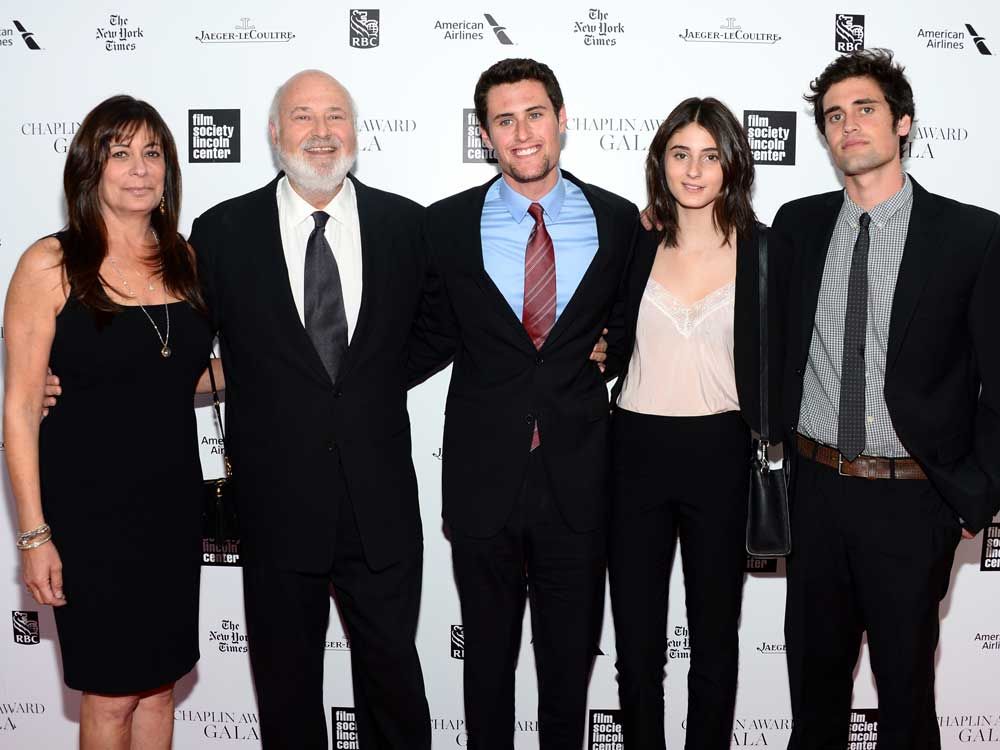 Rob Reiner poses with wife Michele and his three children, Jake, (centre), Rony (second from right) and Nick (far right) at the 41st Annual Chaplin Award Gala at Avery Fisher Hall at Lincoln Center for the Performing Arts on April 28, 2014 in New York City