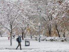 A person walks while snow falls in Montreal in this file photo taken on Nov. 11, 2025.