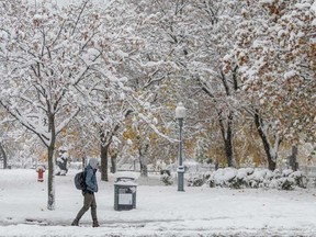 A person walks while snow falls in Montreal in this file photo taken on Nov. 11, 2025.