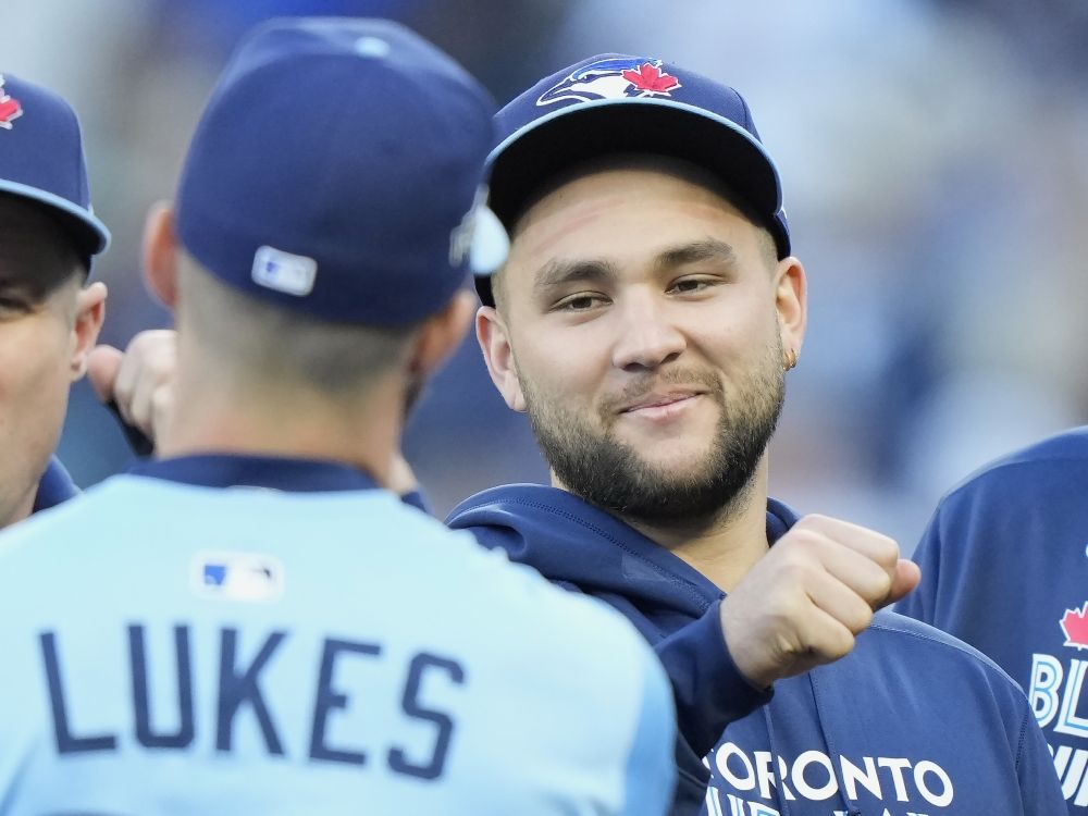 Toronto Blue Jays shortstop Bo Bichette is shown during the player introduction ceremony ahead of Game 3 American League Championship Series.