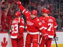 James van Riemsdyk of the Detroit Red Wings celebrates his second-period goal with teammates against the Ottawa Senators.
