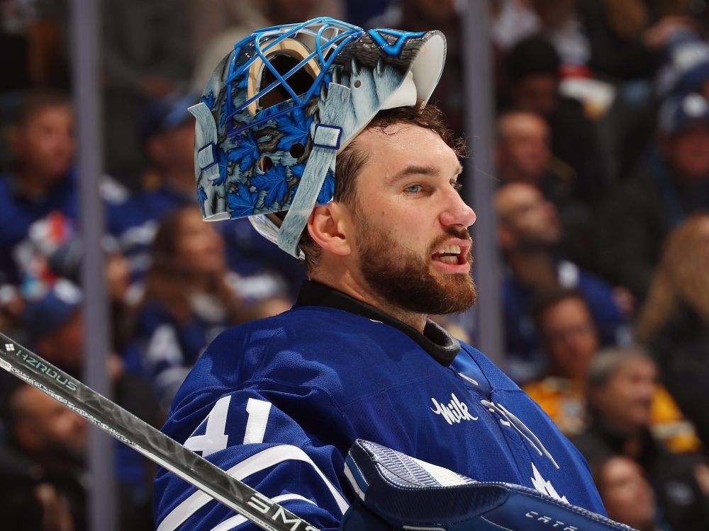 Anthony Stolarz of the Toronto Maple Leafs takes a break during a game against the Boston Bruins earlier this season.