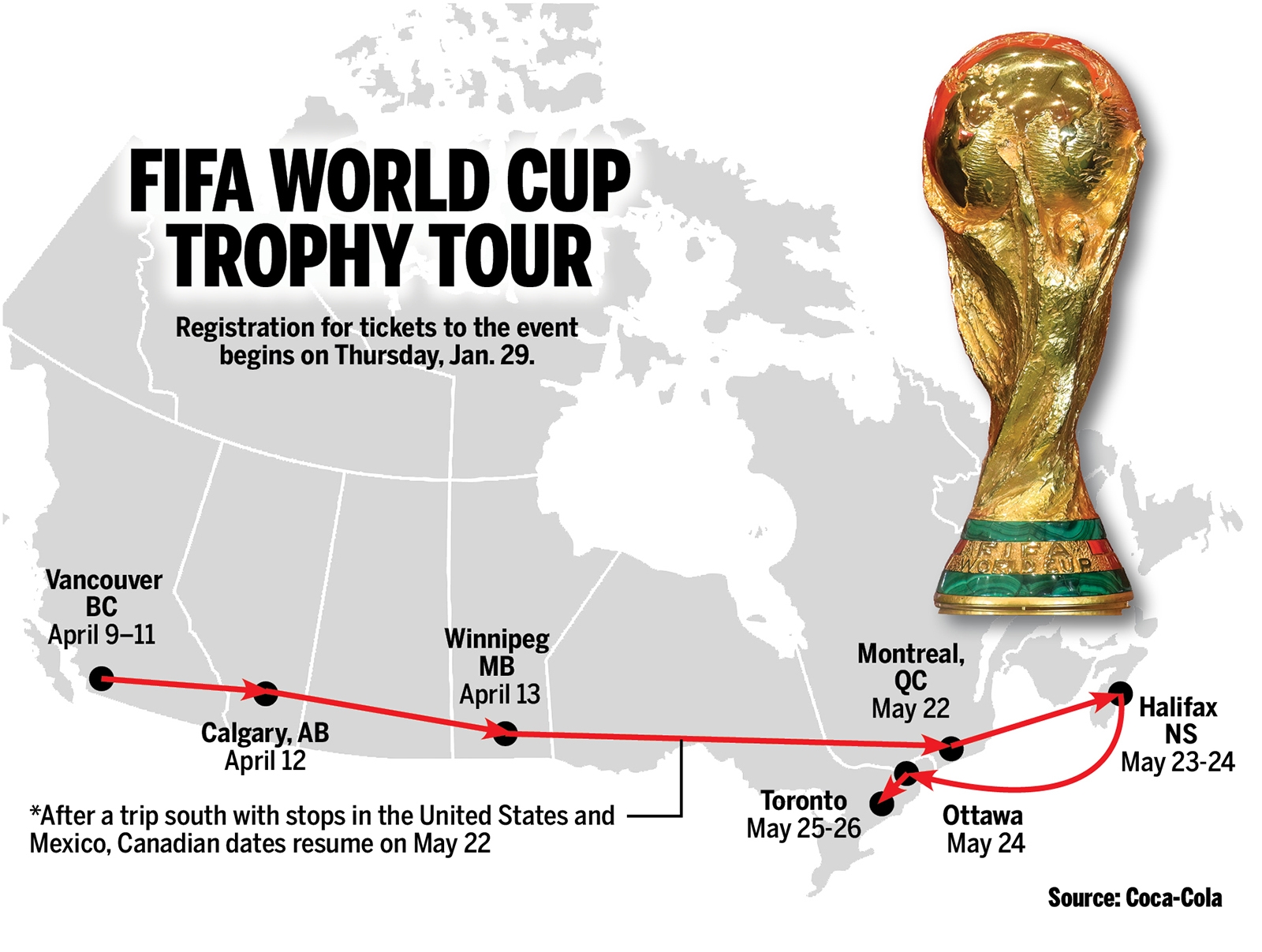 A map of the FIFA World Cup Trophy Tour through Canada in April and May.